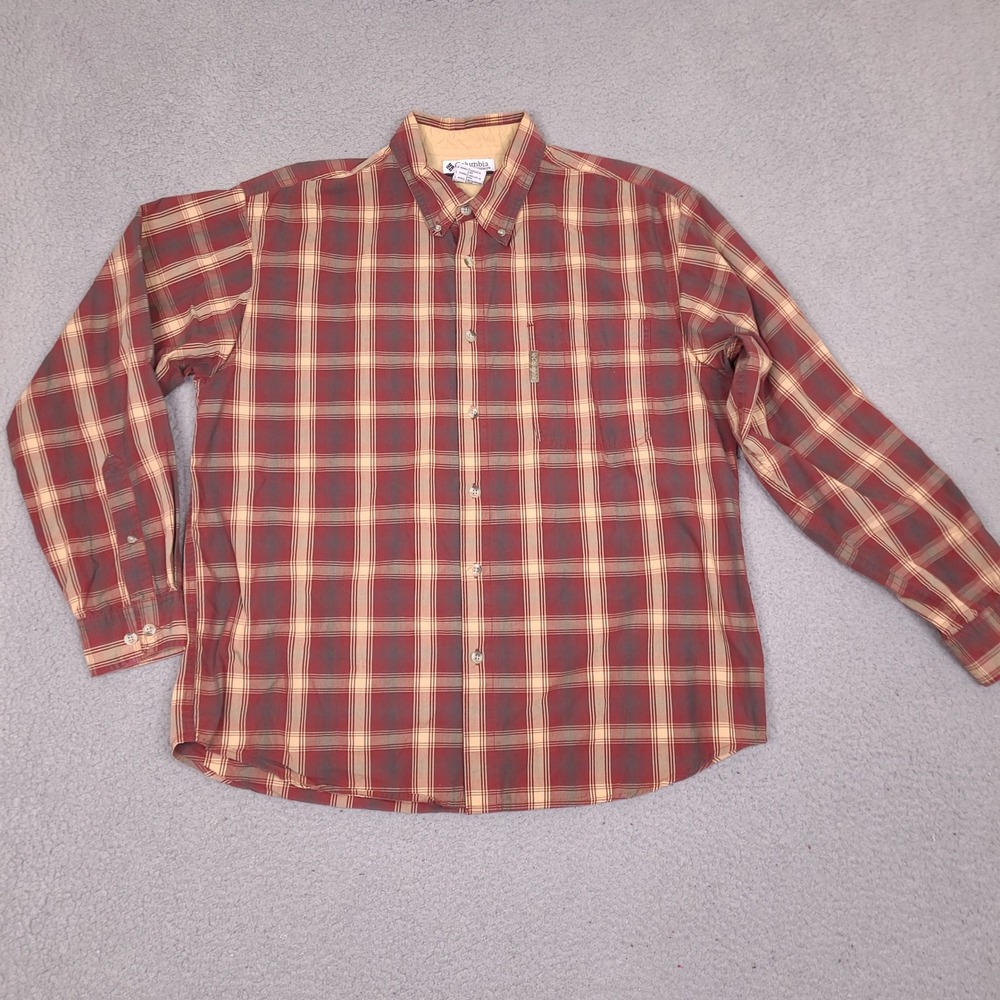 Columbia Shirt Mens Large Red‎ Tan Plaid Button Down Pocket Outdoor Sportswear